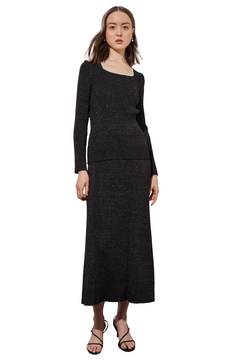Imitation Pearl Collar Shimmer Rib Sweater, Alternate, color, BLACK/SILVER