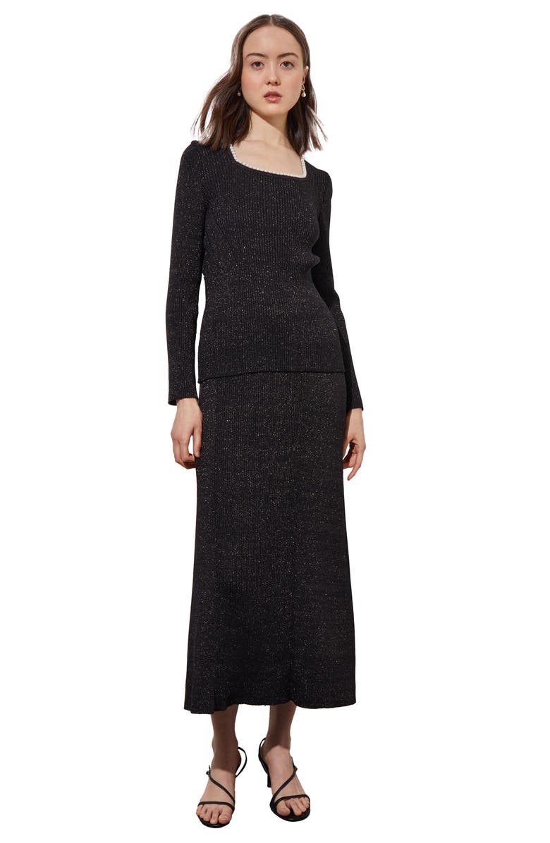 Ming Wang Imitation Pearl Collar Shimmer Rib Sweater, Alternate, color, Black/ Silver