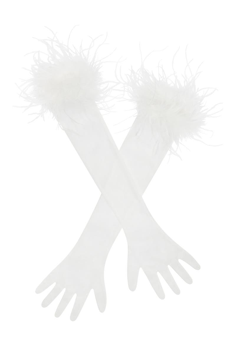 Quinn Feather Trimmed Opera-Length Gloves, Alternate, color, White