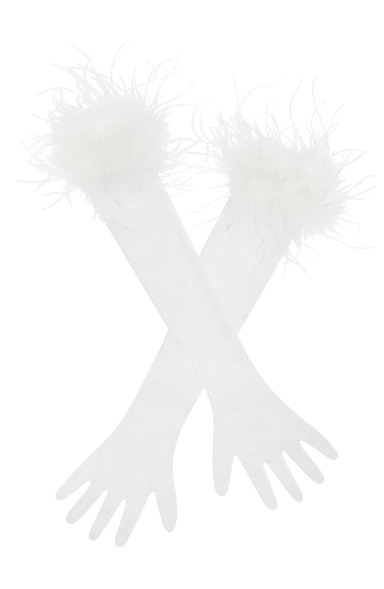 Miss Circle Quinn Feather Trimmed Opera-Length Gloves, Alternate, color, White