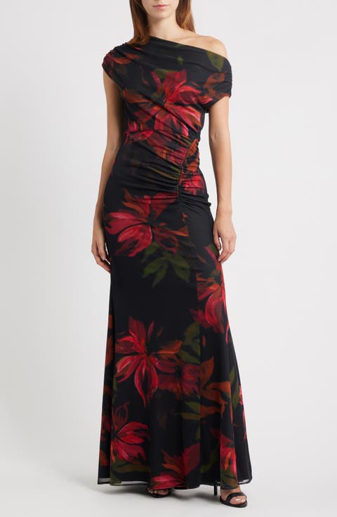 Floral One-Shoulder Mesh Gown