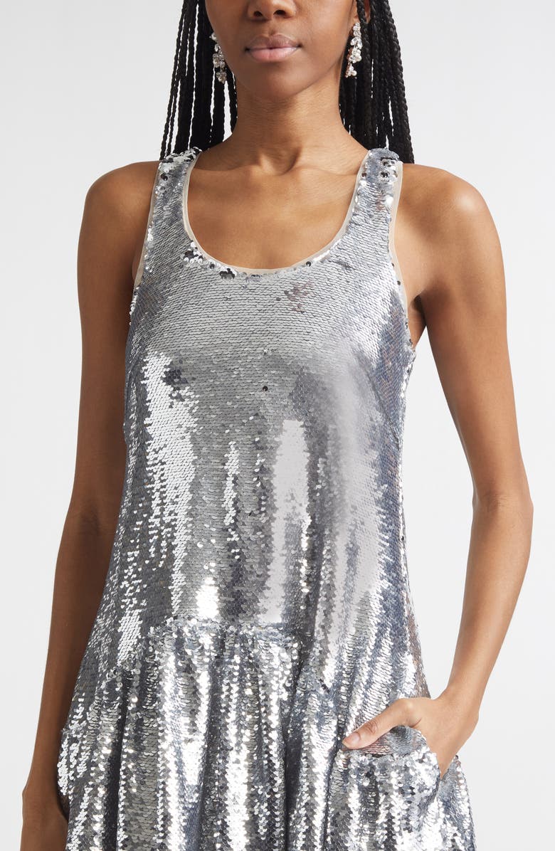 Simone Rocha Tapered Back Flounce Sequin Dress, Alternate, color, Silver
