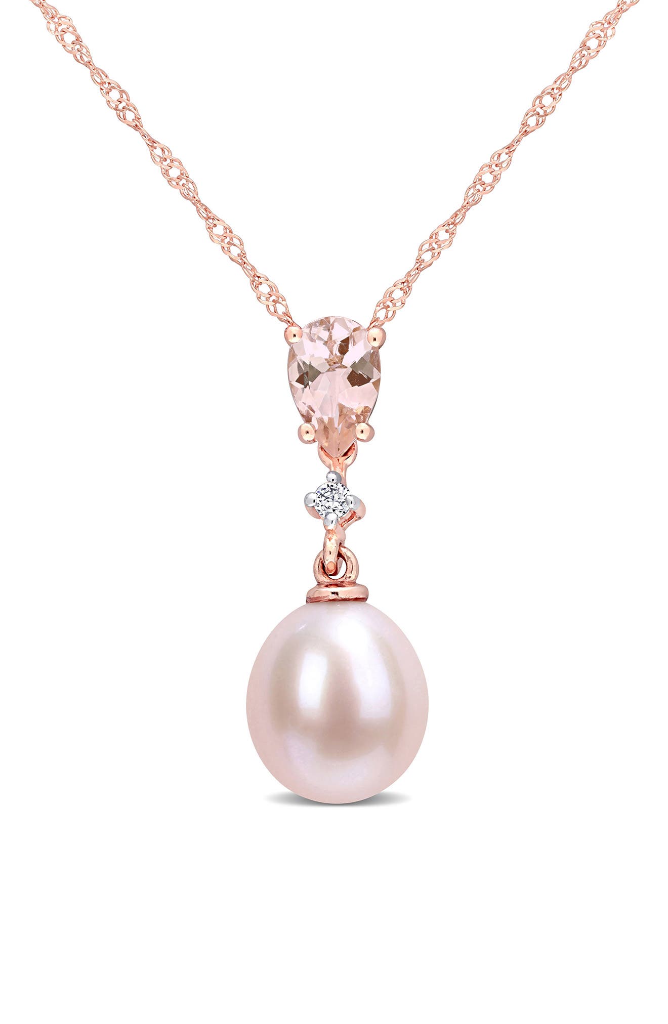 DELMAR Diamond, Morganite & 8-8.5mm Cultured Pearl Pendant Necklace