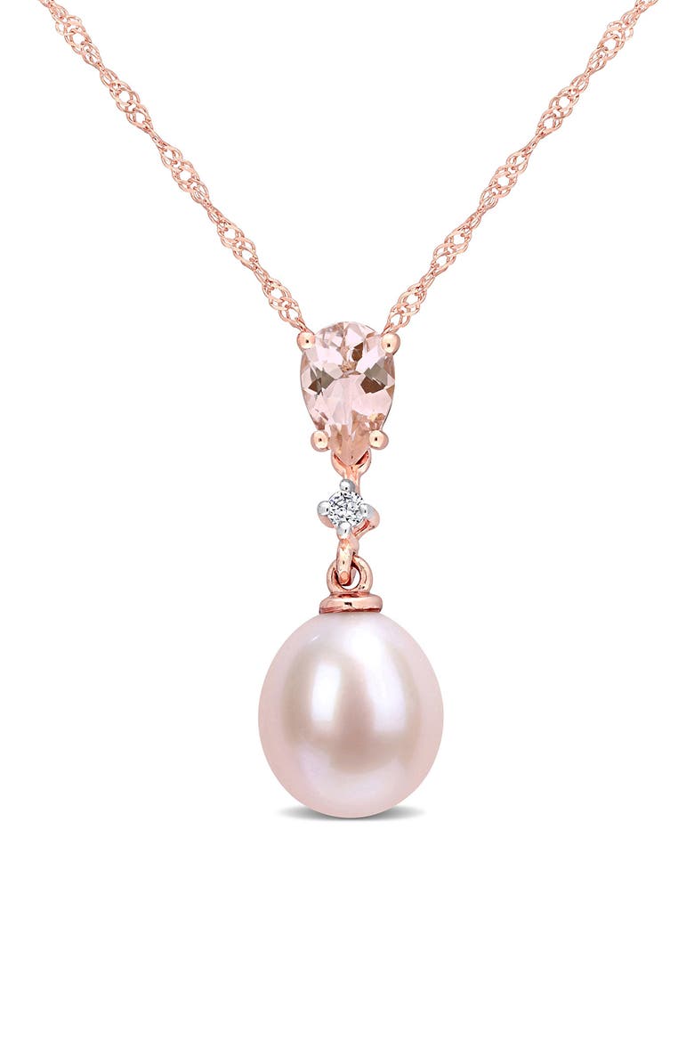 Diamond, Morganite & 8-8.5mm Cultured Pearl Pendant Necklace, Main, color, PINK