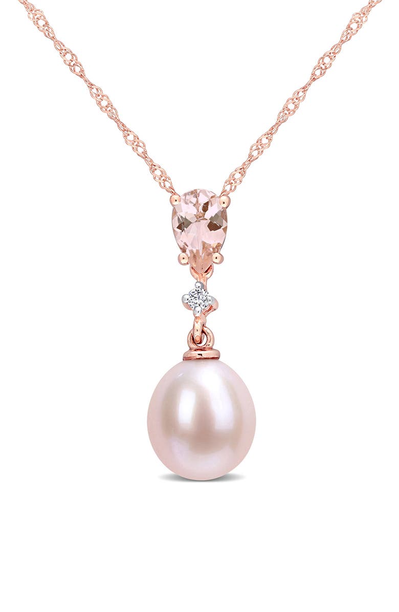 DELMAR Diamond, Morganite & 8-8.5mm Cultured Pearl Pendant Necklace, Main, color, Pink