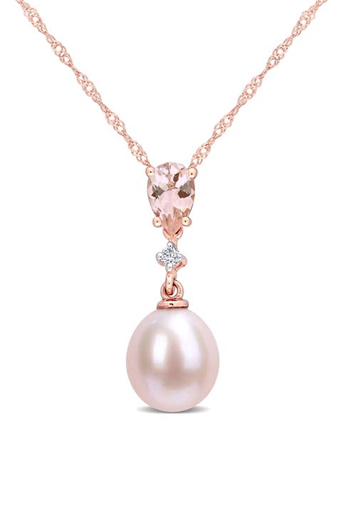 Diamond, Morganite & 8-8.5mm Cultured Pearl Pendant Necklace