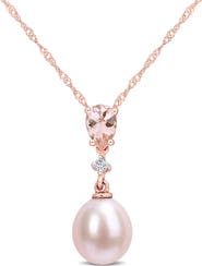 DELMAR Diamond, Morganite & 8-8.5mm Cultured Pearl Pendant Necklace