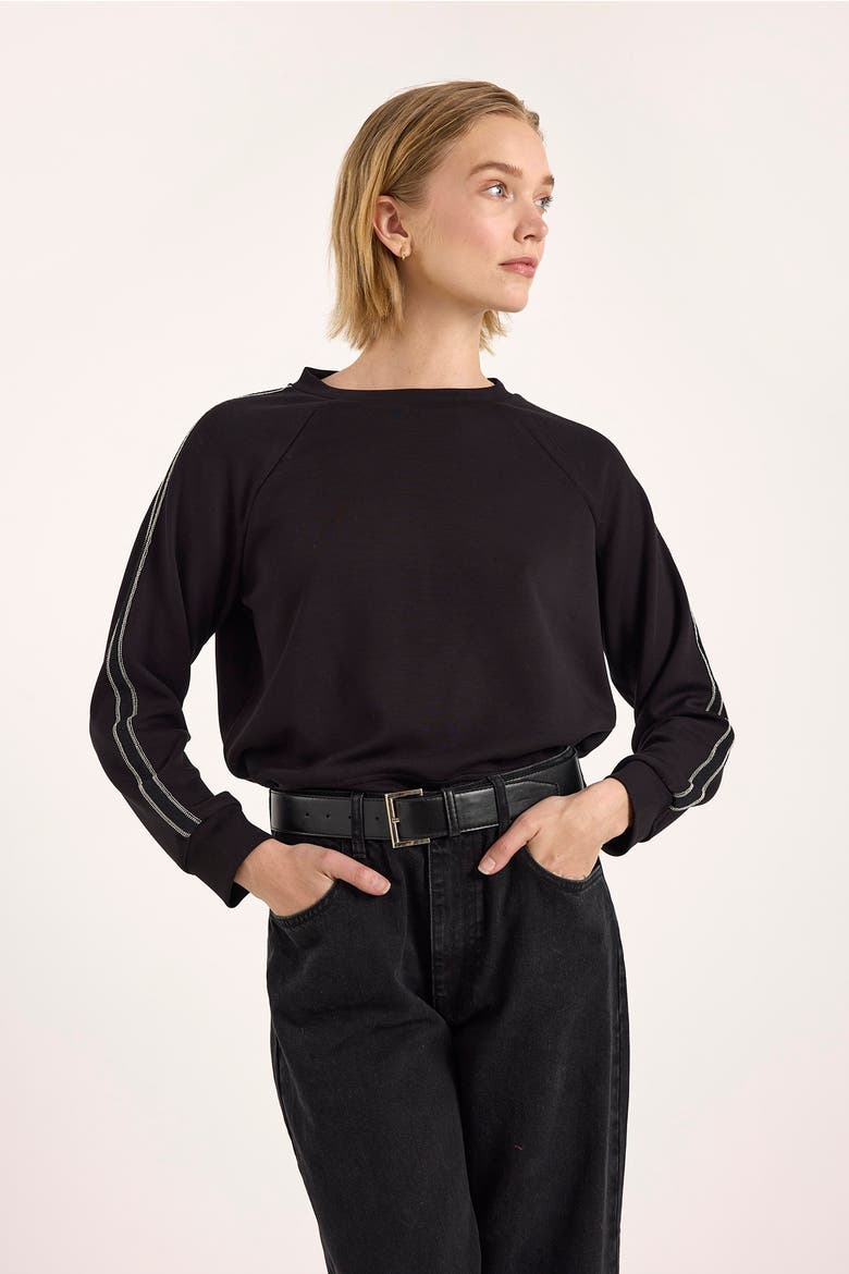 Bead Trim Jersey Crew Neck Sweatshirt, Main, color, Black