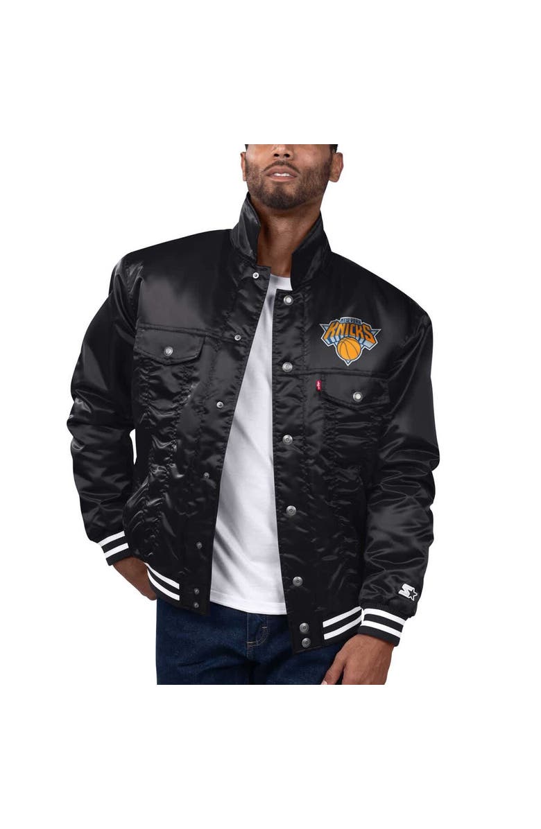STARTER Men's Starter x Levi's Black New York Knicks Silver Label Trucker Satin Full-Snap Jacket, Main, color,