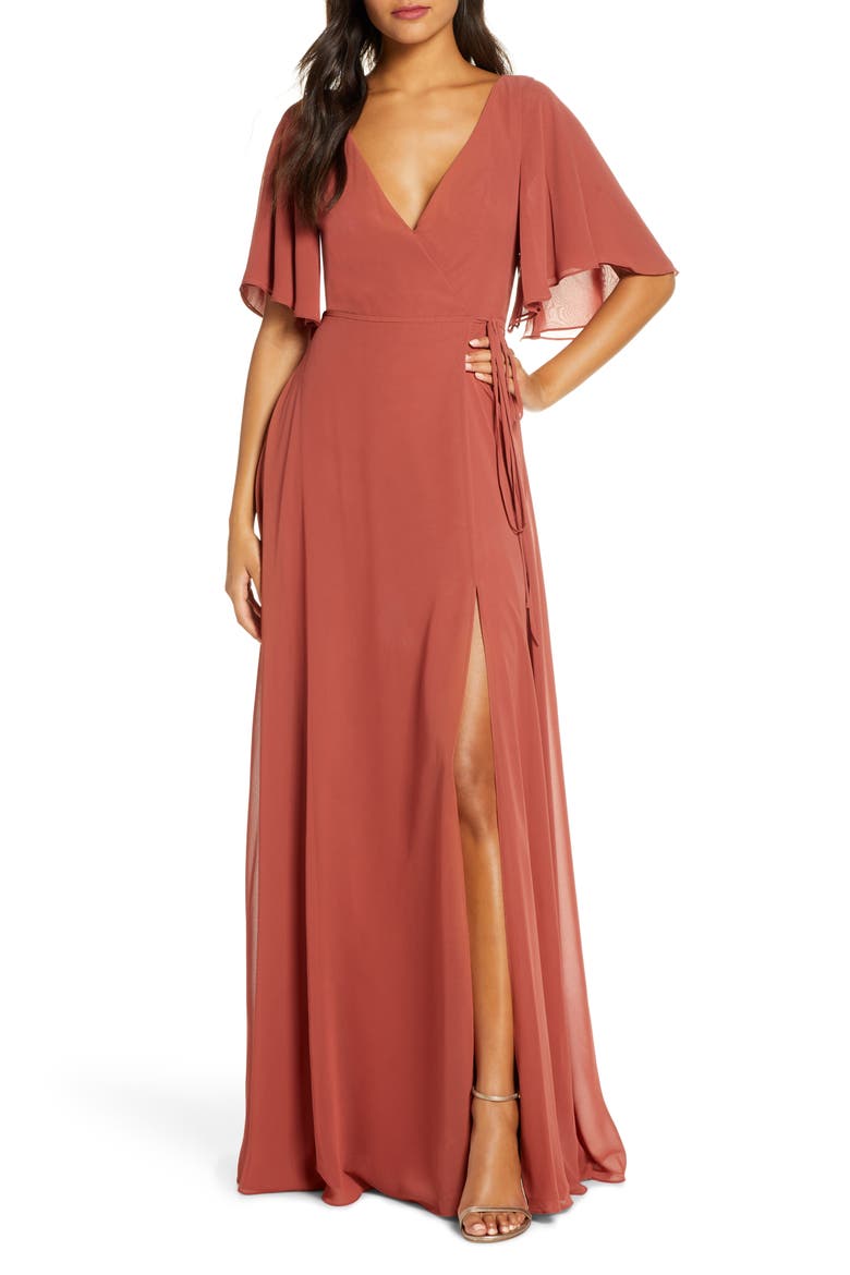 Ari Flutter Sleeve Faux Wrap Evening Gown, Main, color, ENGLISH ROSE