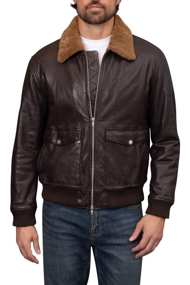 Washed Leather Aviator Jacket with Genuine Shearling Collar, Alternate, color, ESPRESSO