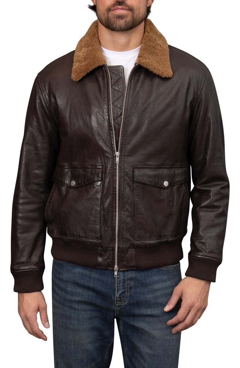 Bagatelle Washed Leather Aviator Jacket with Genuine Shearling Collar, Alternate, color, 