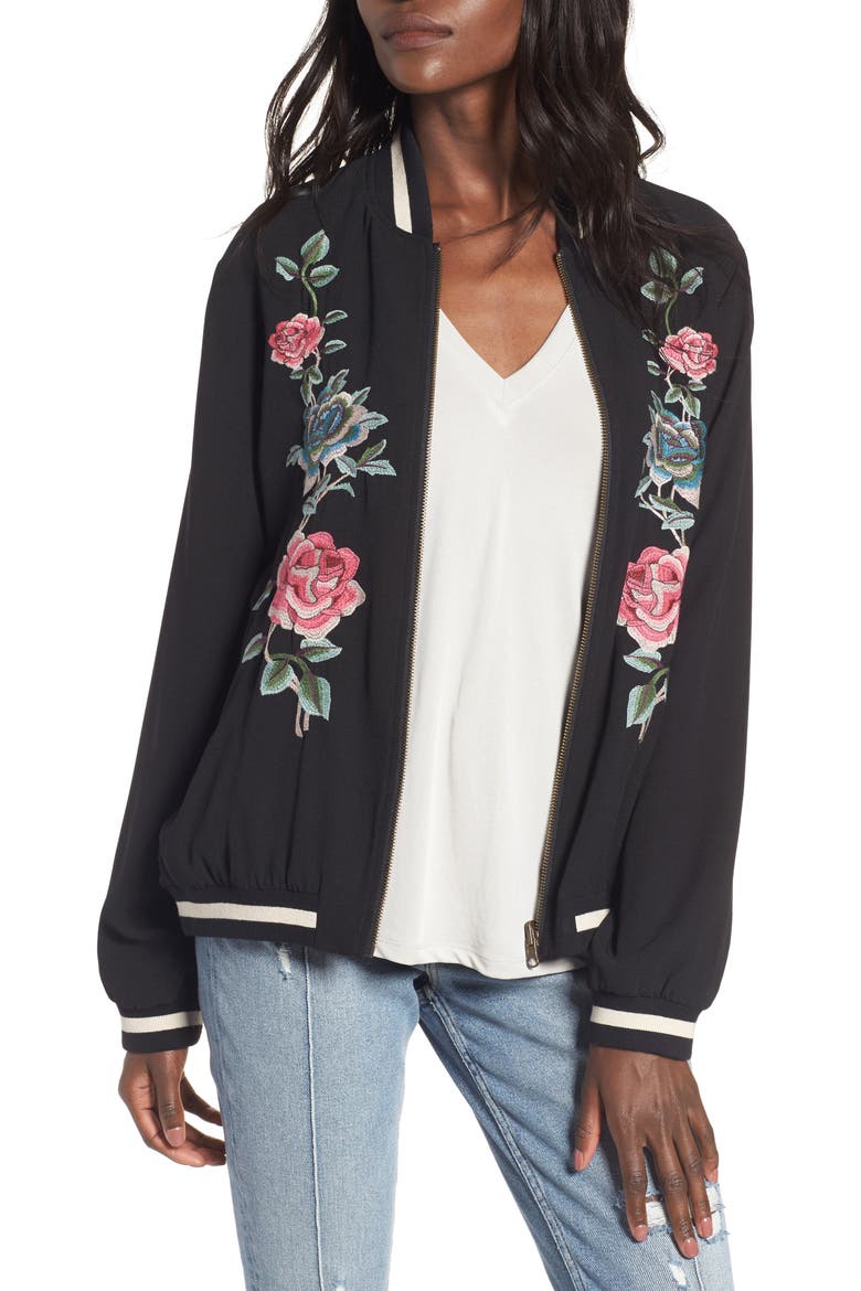 Reversible Bomber Jacket, Main, color, BLACK AND FLORAL
