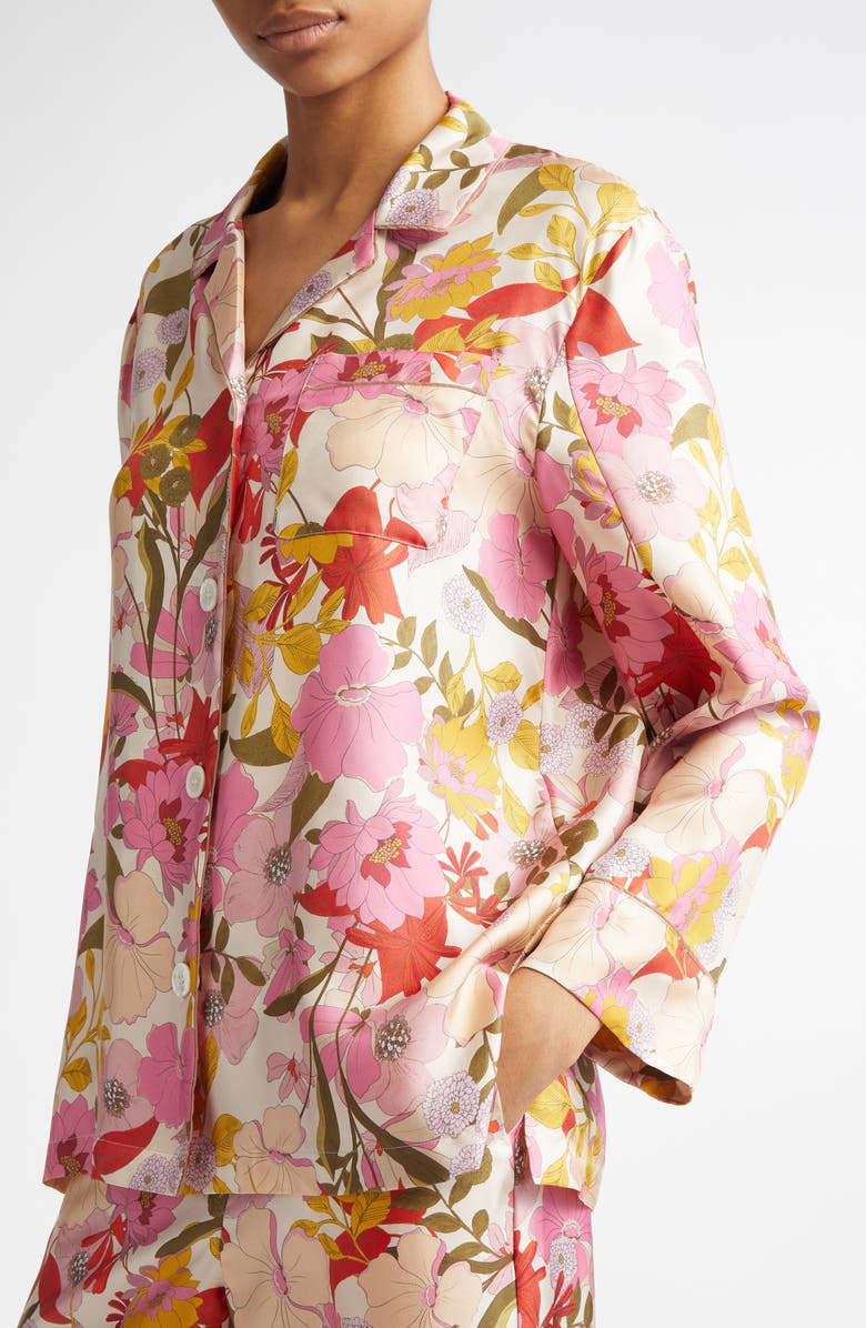 Max Mara Alan Floral Silk Twill Button-Up Shirt, Alternate, color, Pink