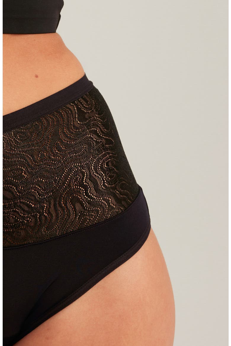Period & Leakproof Heavy Absorbency Lace Panel High Waist Briefs, Alternate, color, VOLCANIC BLACK