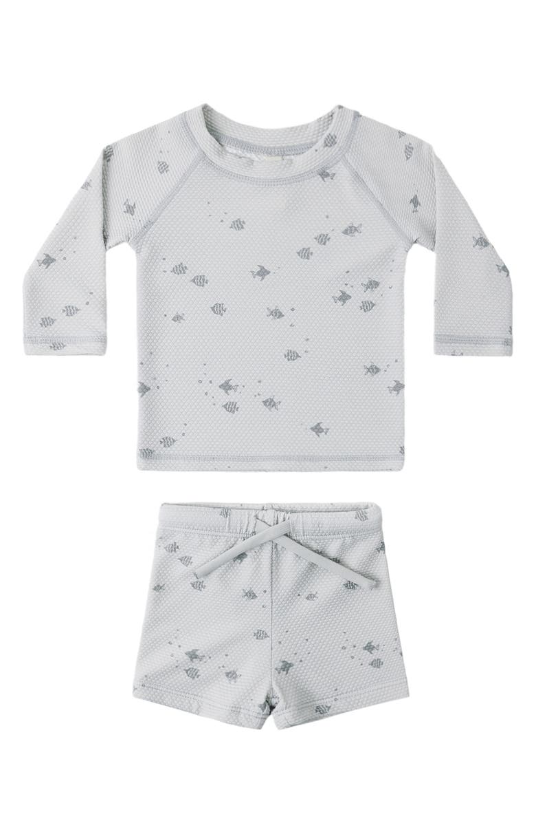 QUINCY MAE Kids' Finn Long Sleeve Piqué UPF 50+ Rashguard & Swim Trunks Set, Alternate, color, Sky