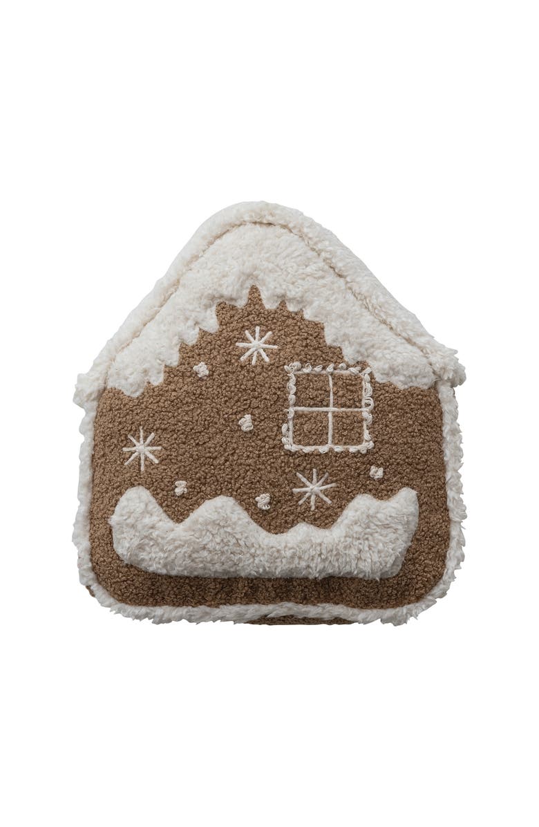 Storied Home Woven Fabric Bouclé Gingerbread House Shaped Pillow with Embroidery, Brown and Natural, Main, color, Brown