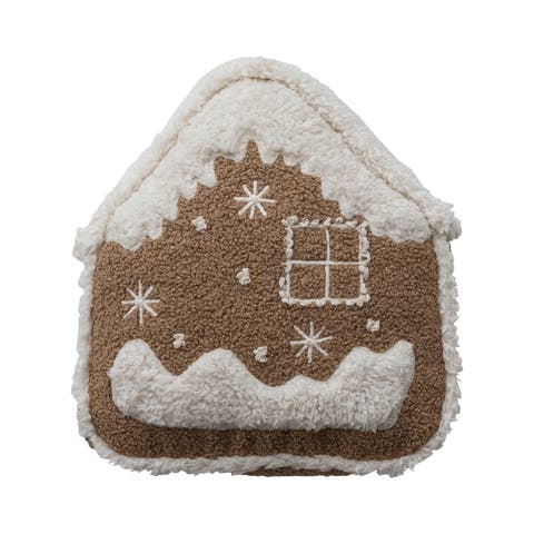 Woven Fabric Bouclé Gingerbread House Shaped Pillow with Embroidery, Brown and Natural