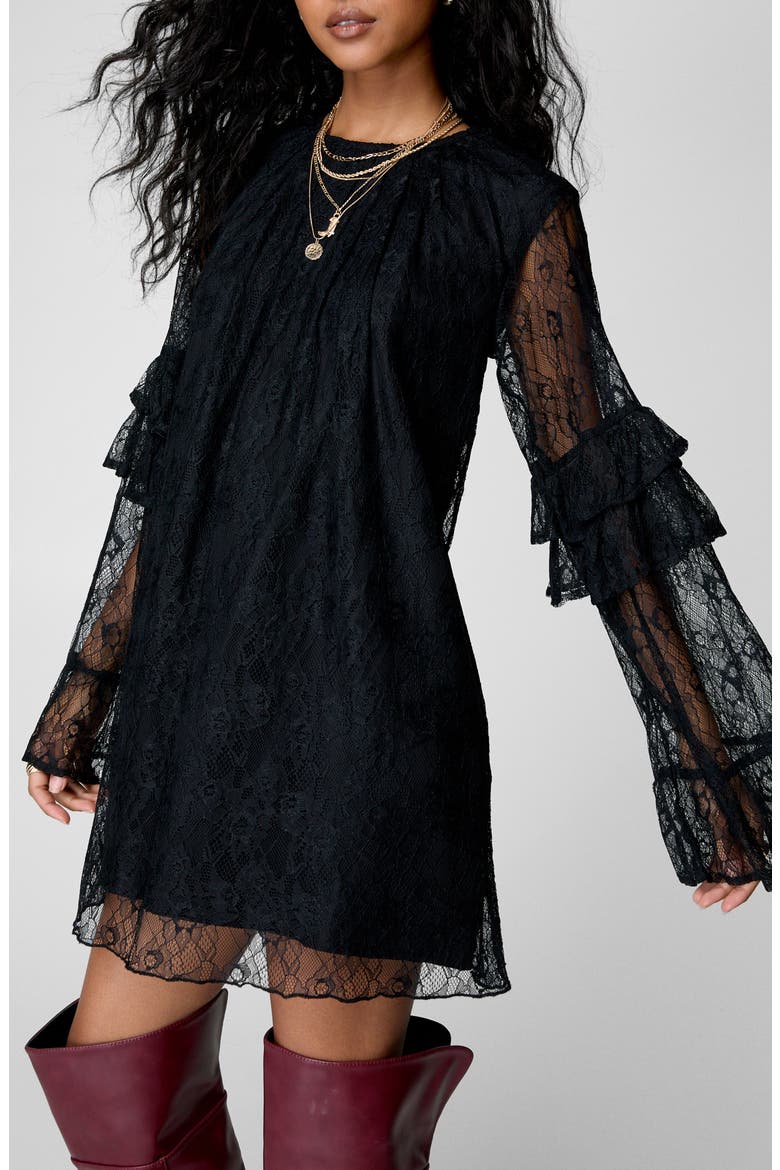Long Sleeve Lace Minidress, Alternate, color, BLACK