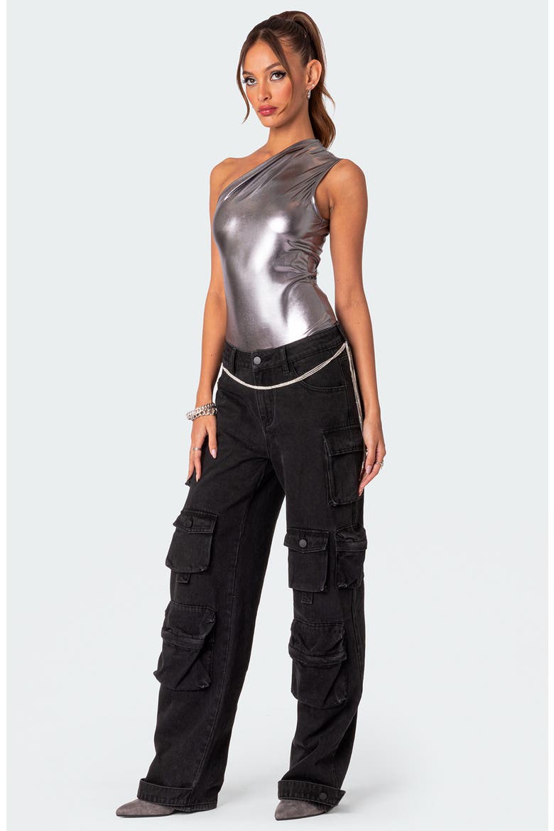 Feona Metallic One-Shoulder Bodysuit, Alternate, color, SILVER