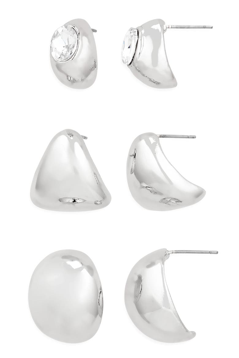 Set of 3 Assorted Huggie Hoop Earrings, Main, color, SILVER