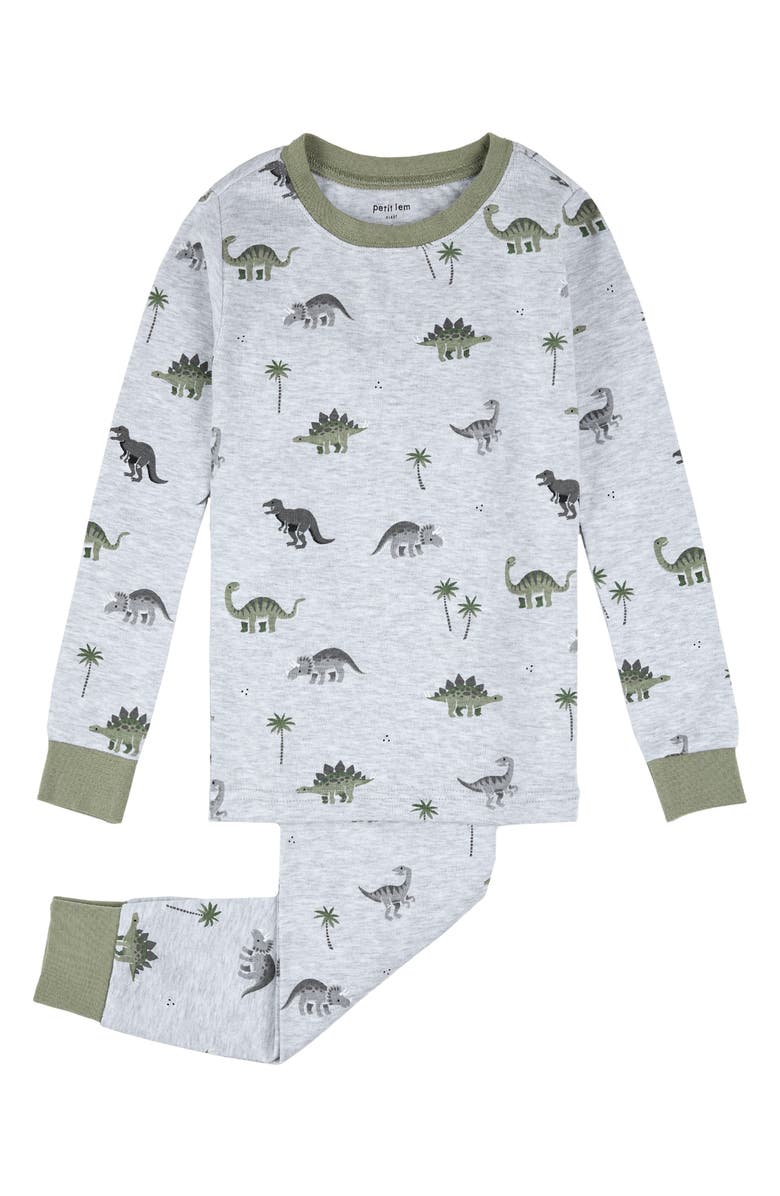 Petit Lem Kids' Dino Print Fitted Two-Piece Organic Cotton Rib Pajamas, Main, color,