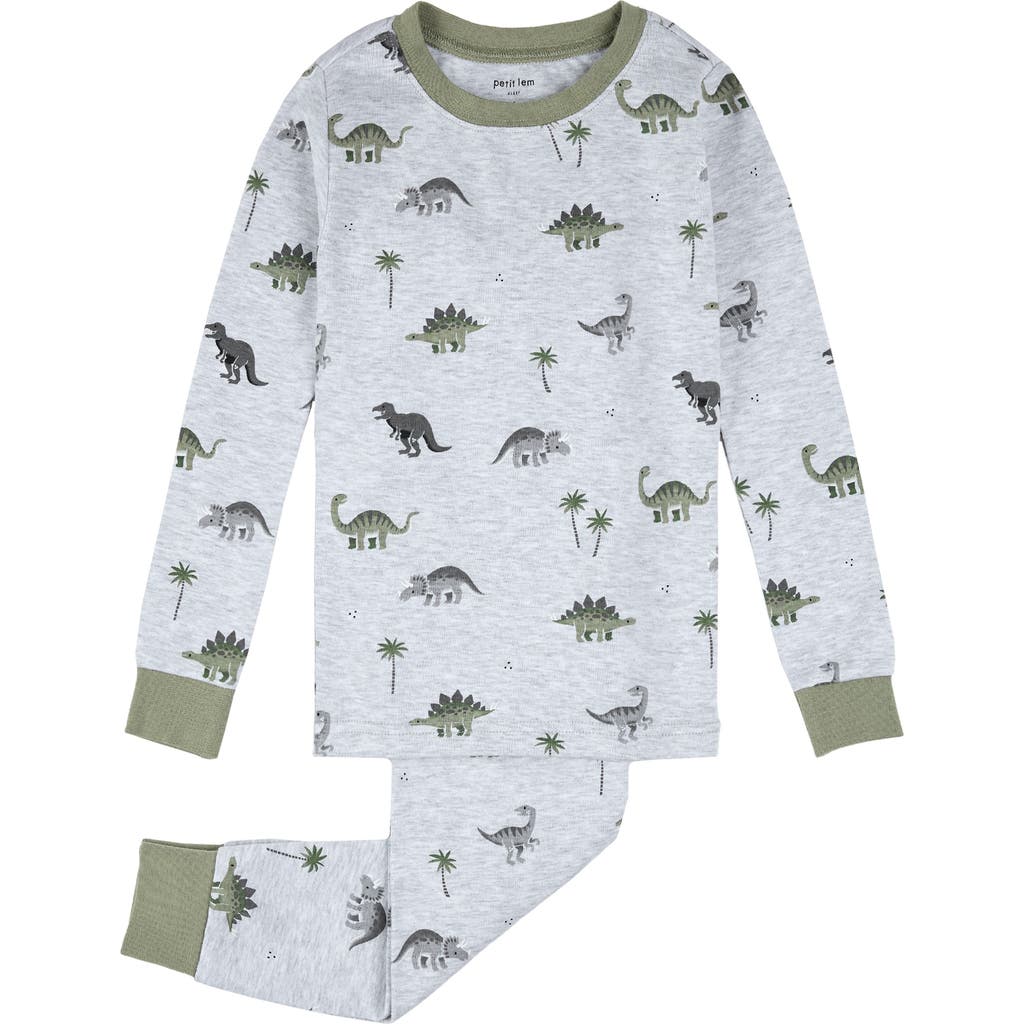 Petit Lem Kids' Dino Print Fitted Two-Piece Organic Cotton Rib Pajamas in Light Heather Grey