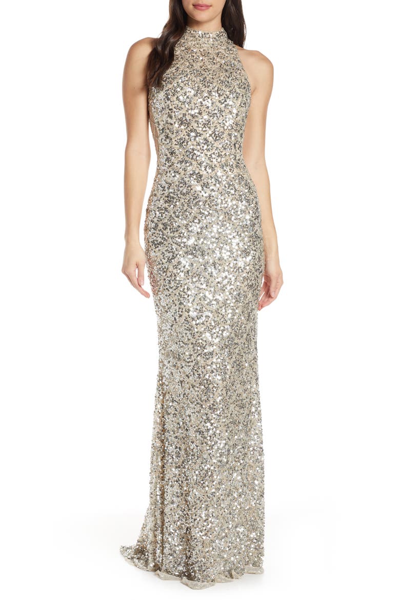 Mock Neck Sequin Column Gown, Main, color, SILVER