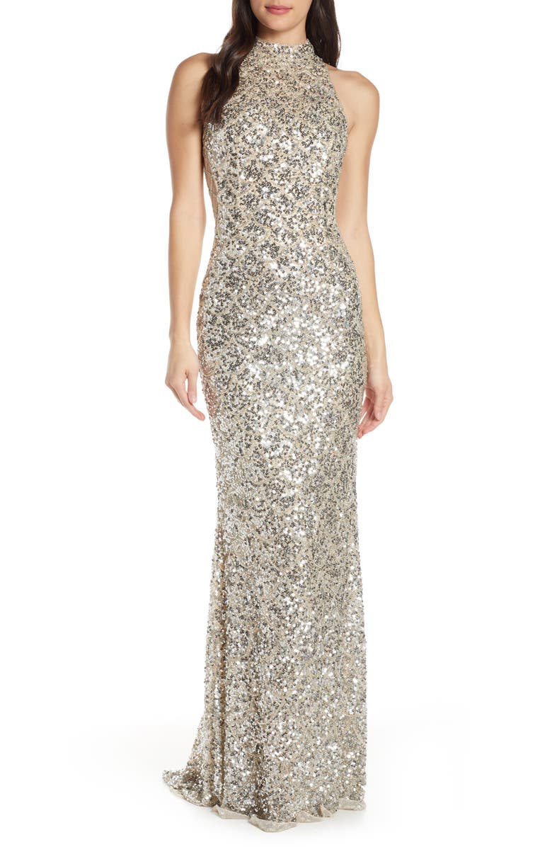 Mac Duggal Mock Neck Sequin Column Gown, Main, color,