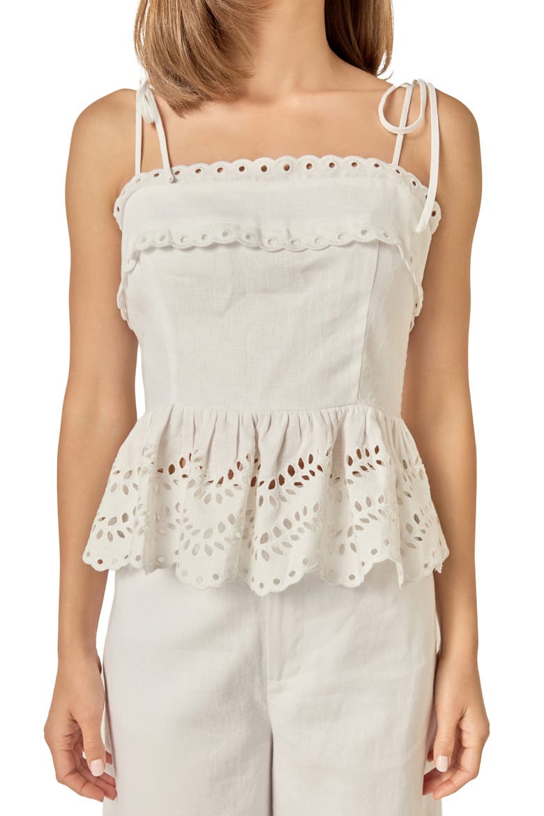 Eyelet Tie Shoulder Linen Peplum Top, Alternate, color, OFF WHITE