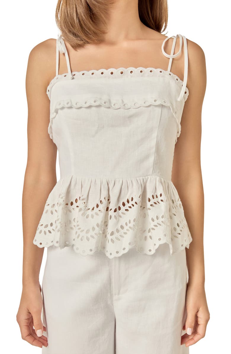 English Factory Eyelet Tie Shoulder Linen Peplum Top, Alternate, color, Off White