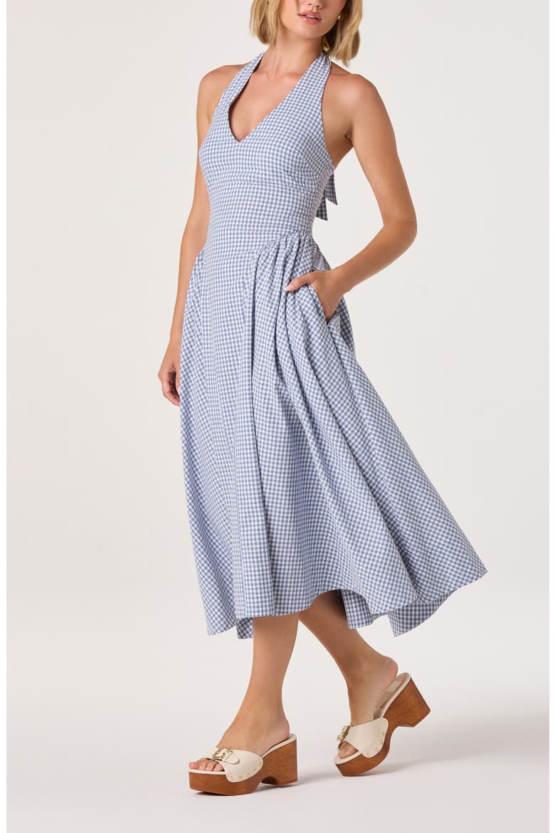Meana Gingham Halter Neck Drop Waist Midi Dress, Alternate, color, BLUE GINGHAM