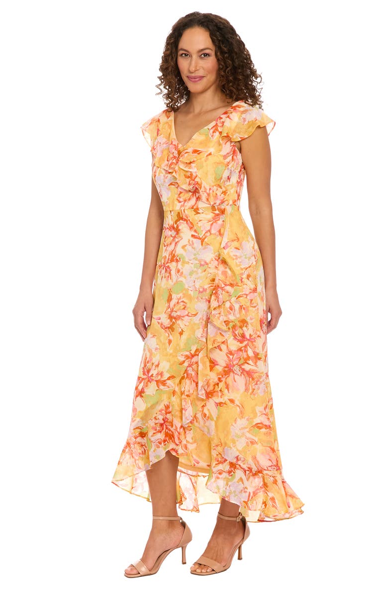 London Times Floral Ruffle Maxi Dress, Alternate, color, Yellow Pink