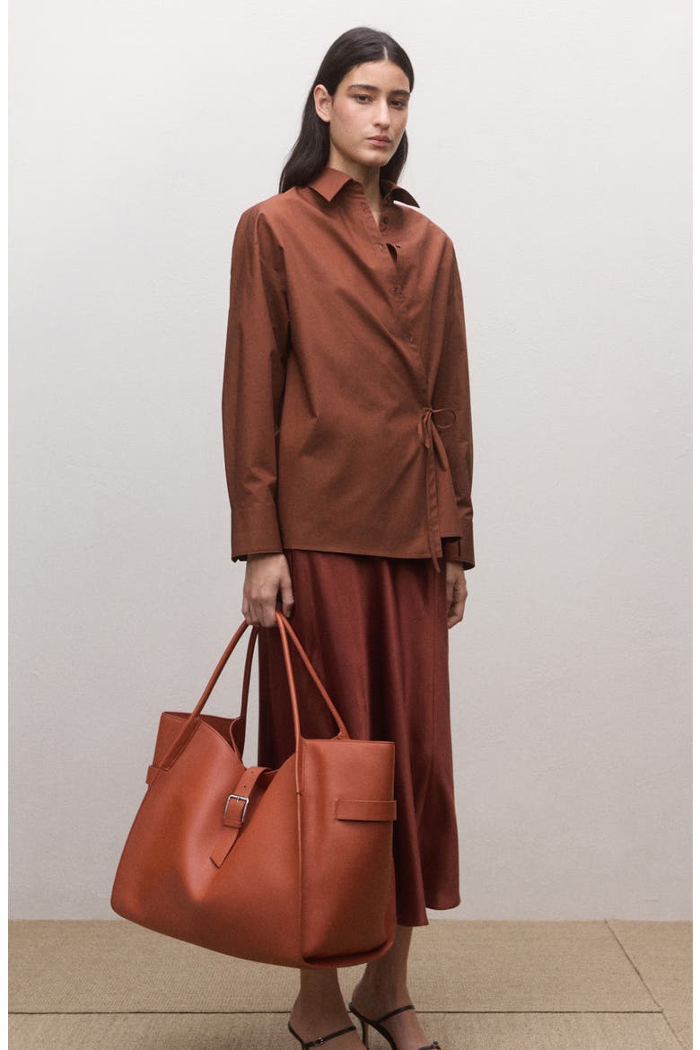 Oversize Faux Wrap Cotton Button-Up Shirt, Alternate, color, RUSSET