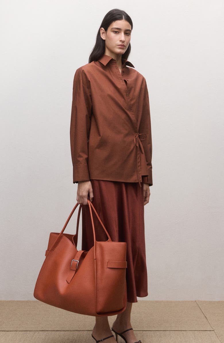 MANGO Oversize Faux Wrap Cotton Button-Up Shirt, Alternate, color, 