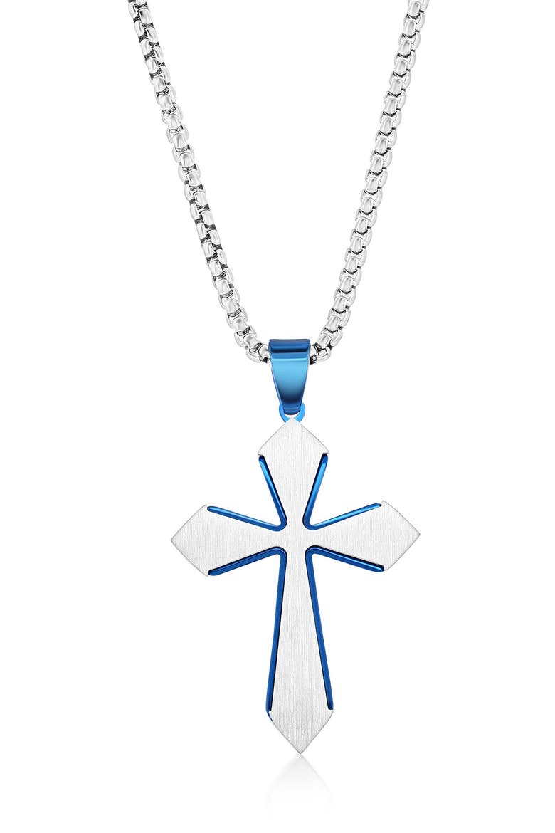 Men's Stainless Steel Brushed Cross Pendant Necklace, Main, color, BLUE/ SILVER