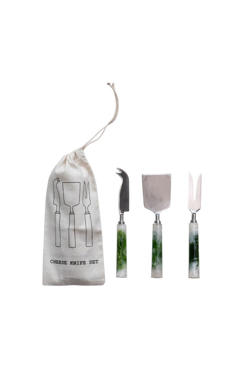 Storied Home 3-Piece Stainless Steel Cheese Utensils with Marbled Resin Handles, Green and White, Main, color, Green
