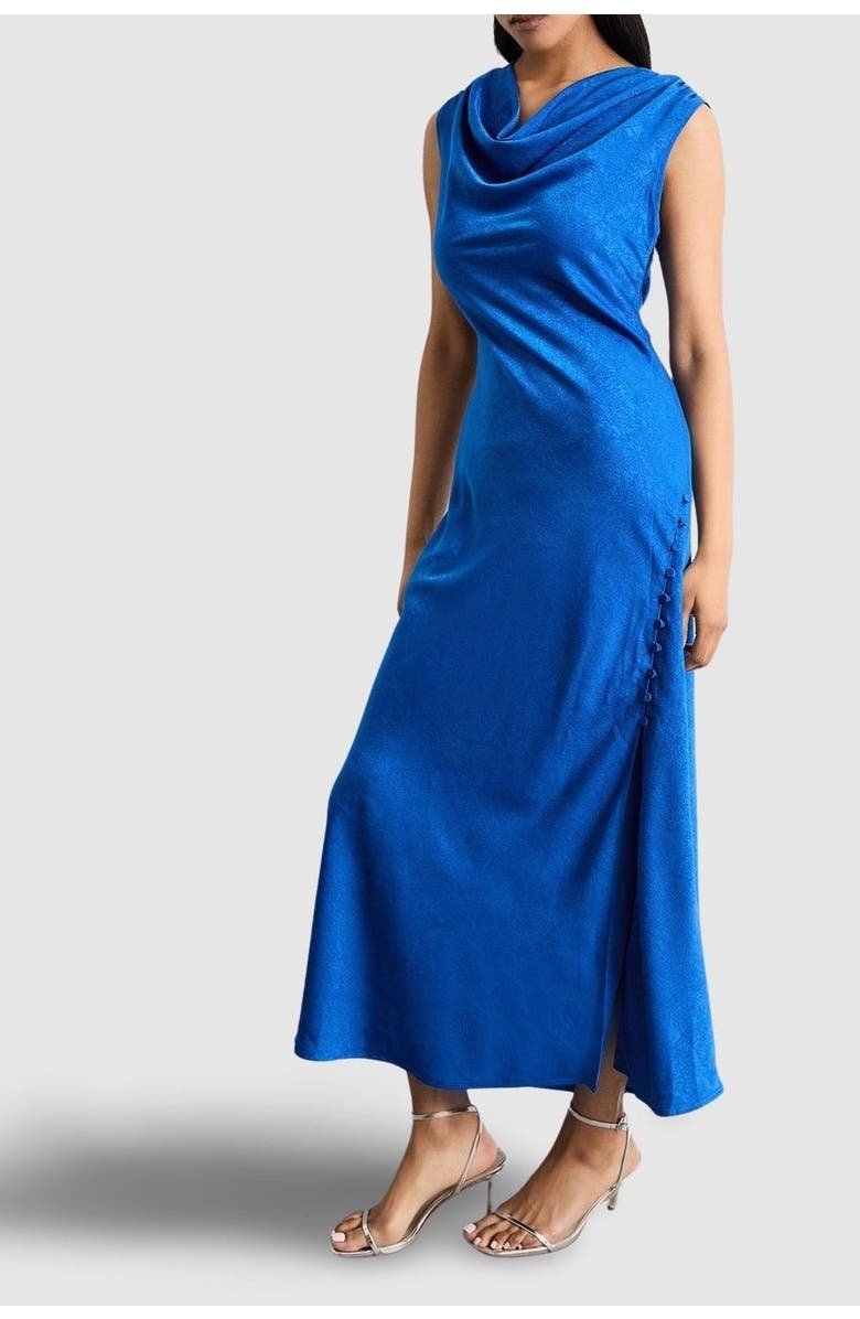 Warehouse Cowl Bias Satin Button Detail Dress, Alternate, color, Cobalt