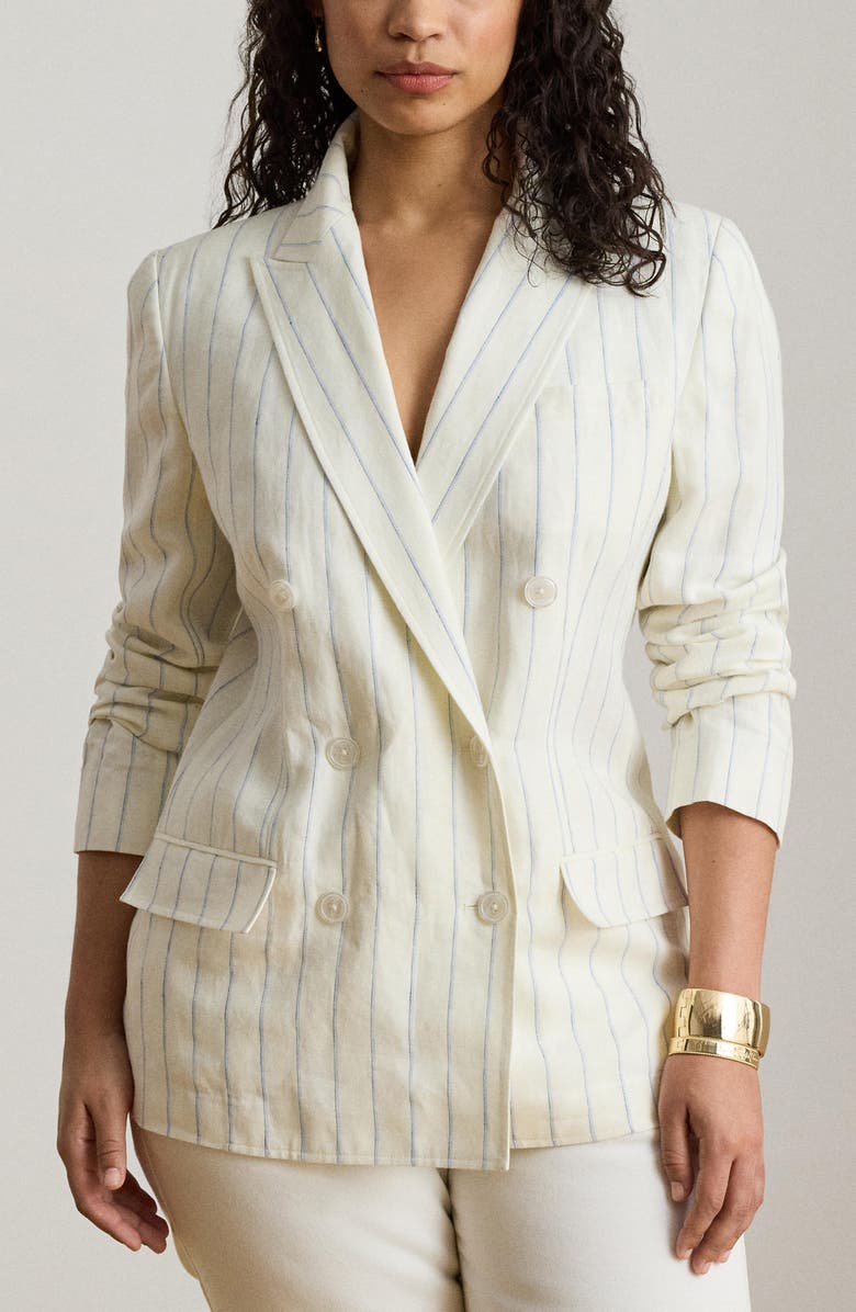Lauren Ralph Lauren Stripe Double Breasted Linen Blazer, Alternate, color, White/ Blue Multi