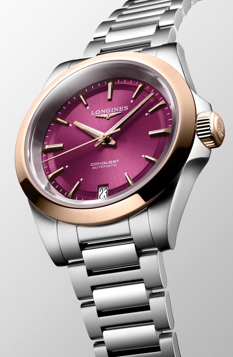 Longines Conquest 18K Gold Bezel Automatic Bracelet Watch, 34mm, Alternate, color, Pink