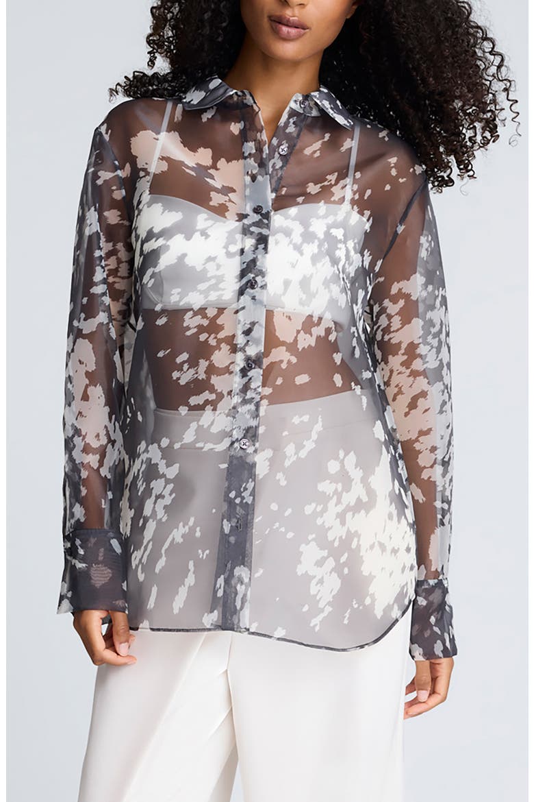 Print Sheer Button-Up Shirt, Main, color, MINK TAUPE/ OYSTER