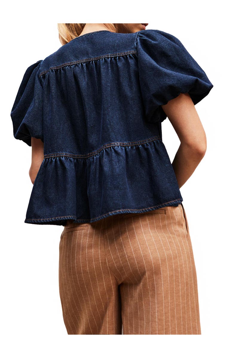 Ro&Zo Denim Puff Sleeve Tie Neck Top, Alternate, color, Blue