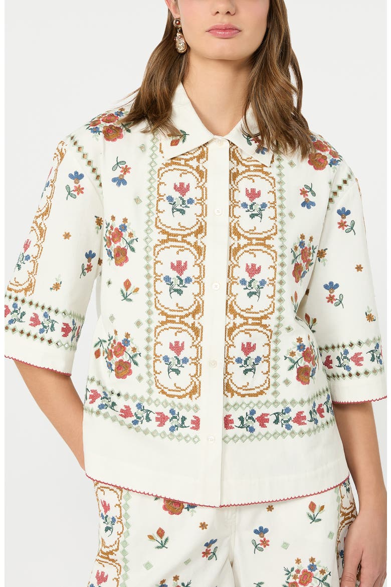 Farsa Embroidery Detail Cotton Button-Up Shirt, Alternate, color, WHITE