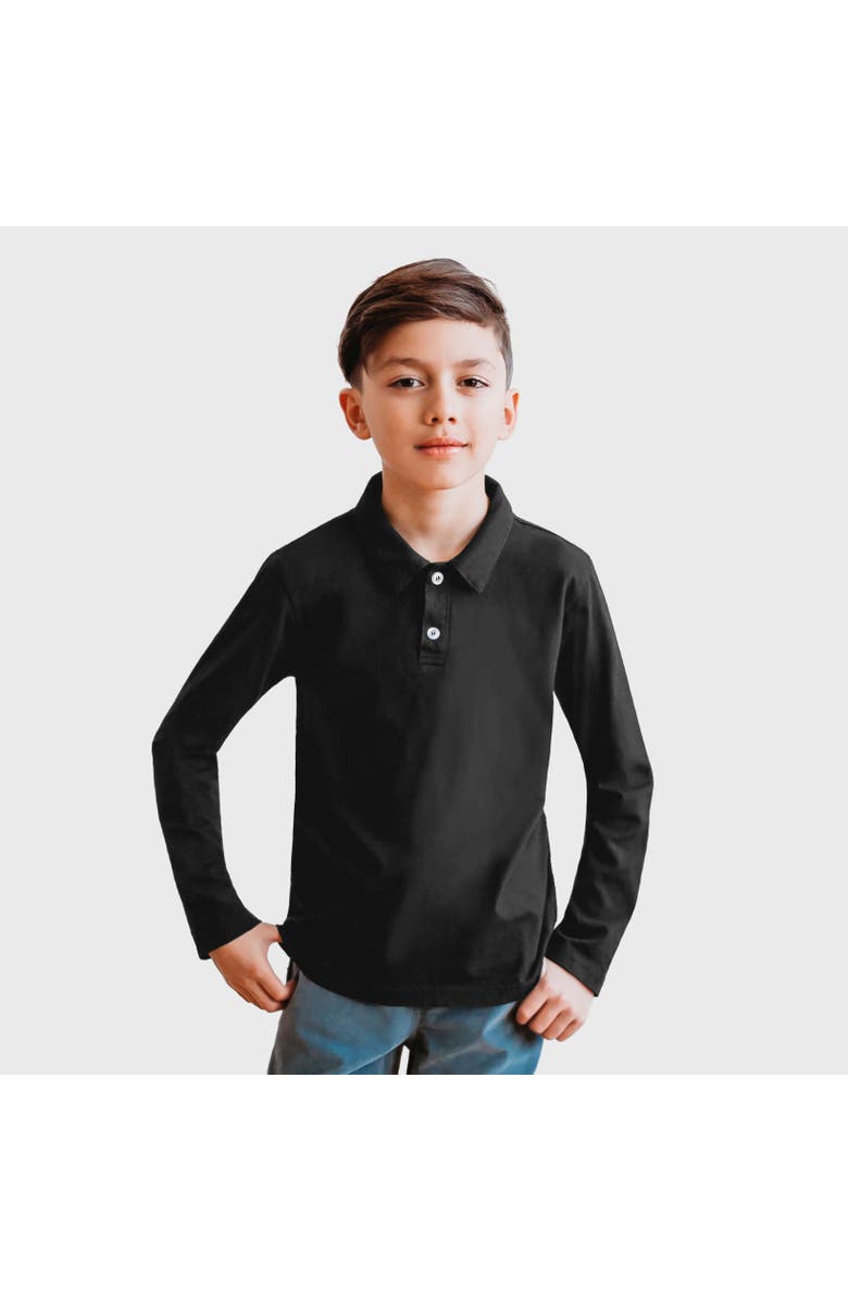 CITY THREADS Boys 100% Cotton Knit Jersey 2-Button Long Sleeve Polo, Main, color, Black