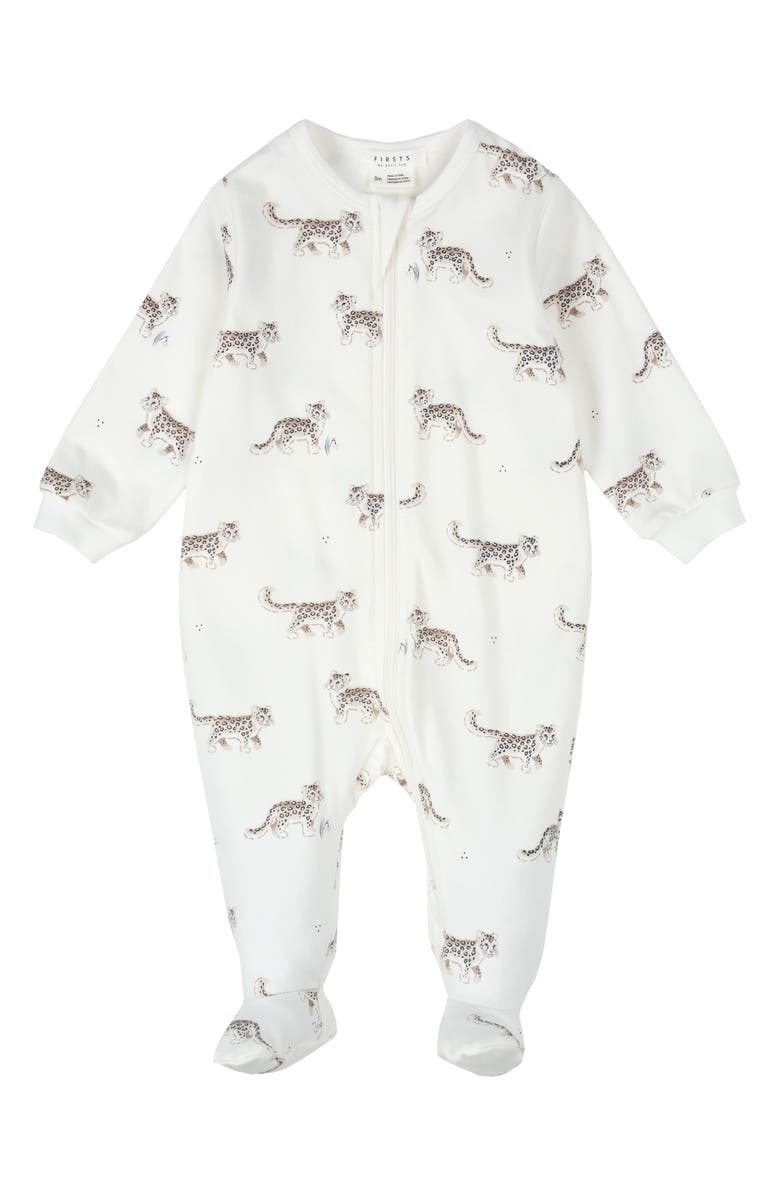 FIRSTS by Petit Lem Snow Leopard Fitted One-Piece Footed Pajamas, Main, color, Off White