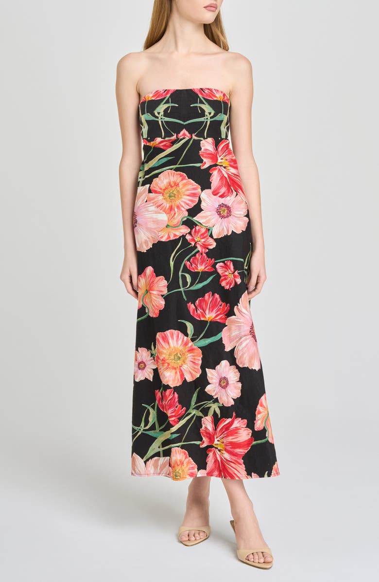 WAYF All Yours Floral Strapless Midi Dress, Main, color, Black Poppies