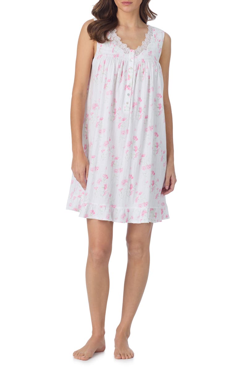 Eileen West Floral Print Cotton Pointelle Chemise, Main, color, Wht/ Pink