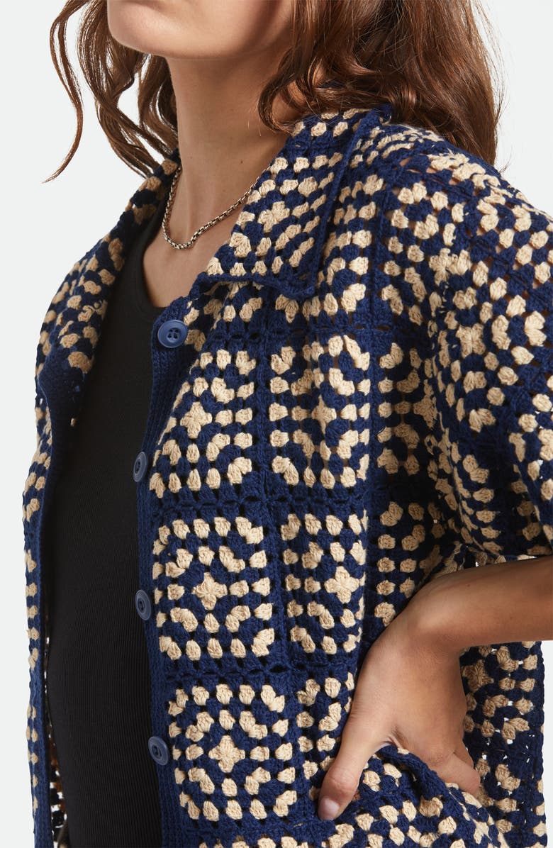 Brixton Cotton Crochet Short Sleeve Button-Up Sweater, Alternate, color, Mood Indigo/ Off White