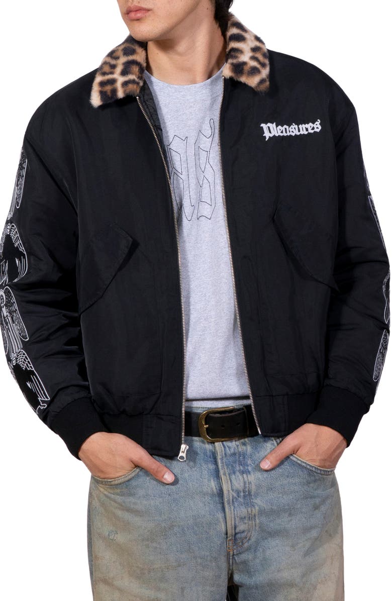 PLEASURES Angel Demon Embroidered Graphic Flight Jacket, Main, color, Black