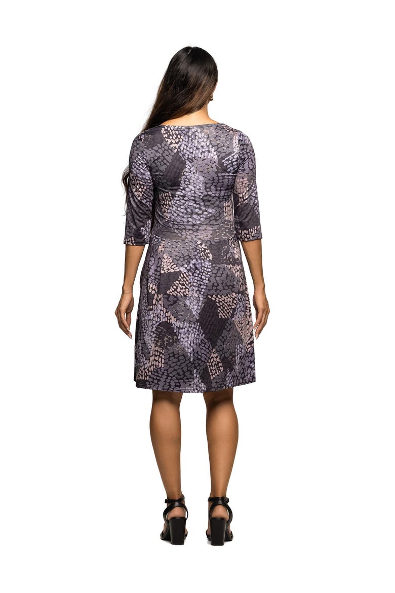 Three Quarter Sleeve Fit and Flare Dress in Print, Alternate, color, Gray Multi